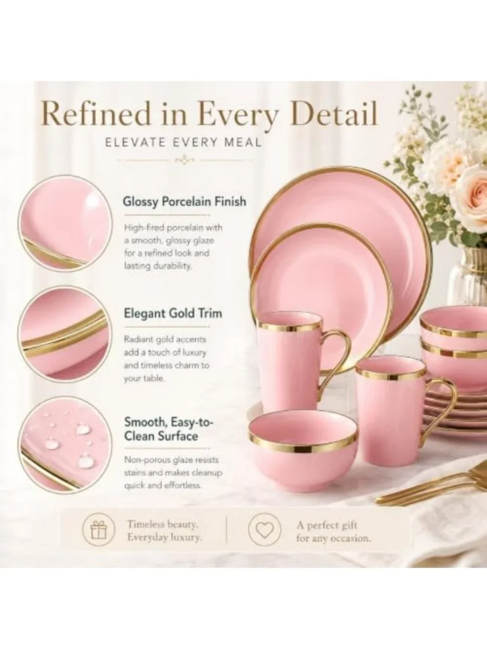 Elegant Pink and Gold Porcelain Dinnerware Set for 4 | 16-Piece Gold Rim